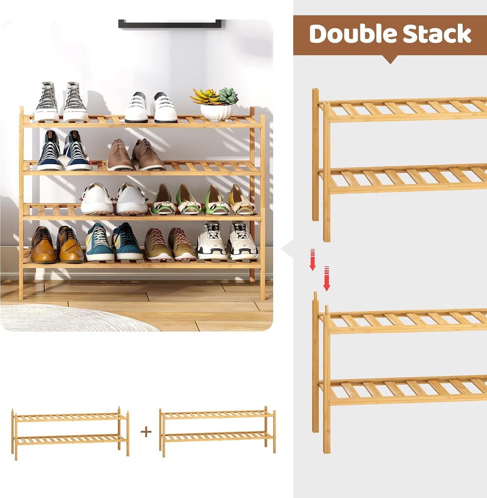 Bamboo Shoe Rack Stackable Shoe Shelf Storage Organizer for Unit Entryway Hal...