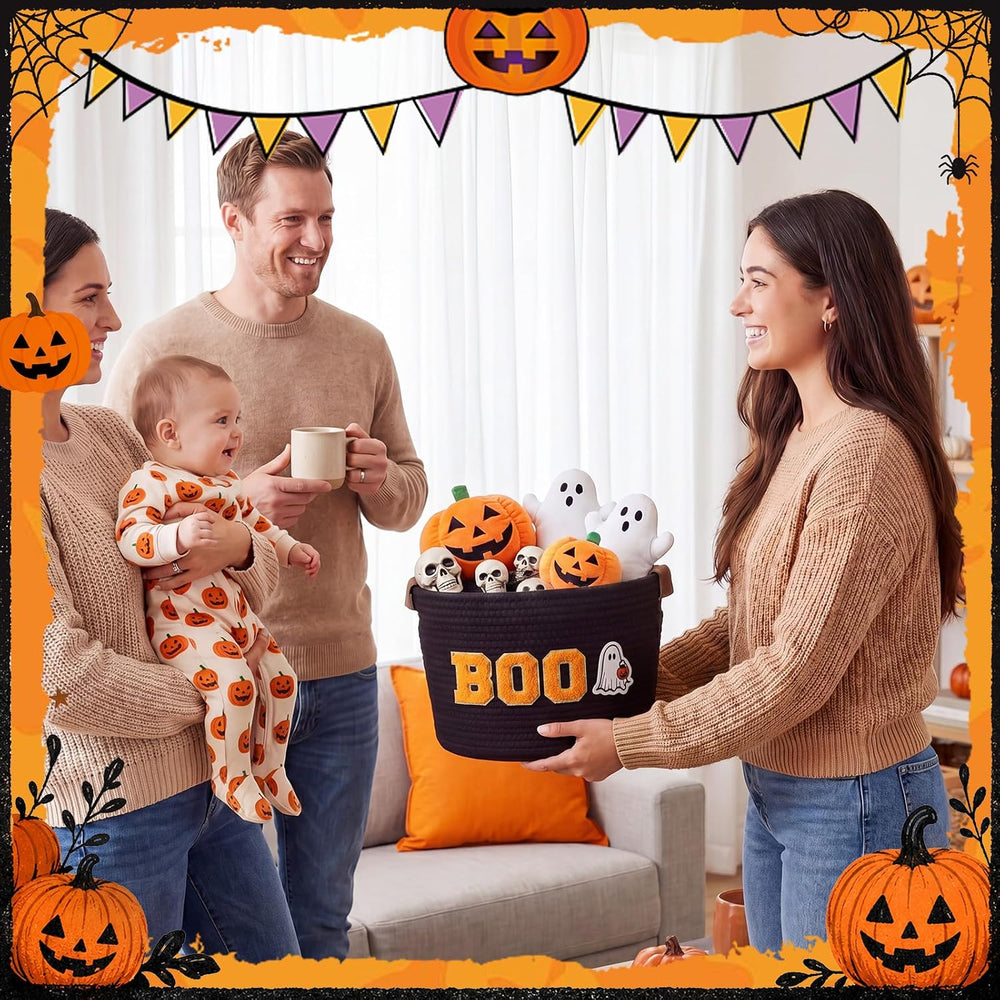 Halloween Woven Rope Basket with Boo Ghost Stickers
