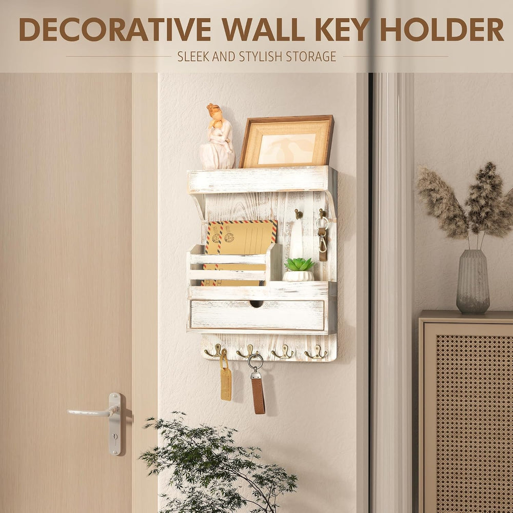 Rebee Vision Key Holder Wall Mount with Drawer for Home Decor, Whitewash