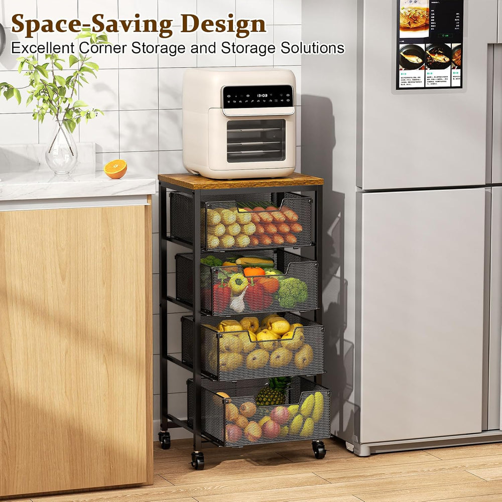 Kitchen Rolling Cart with Drawers, 4-Tier Fruit Vegetable Storage Cart on Whe...