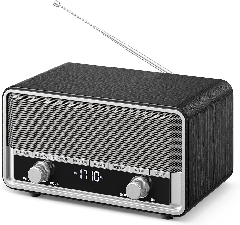 Retro Wood AM FM Bluetooth Radio with Time/Station Display