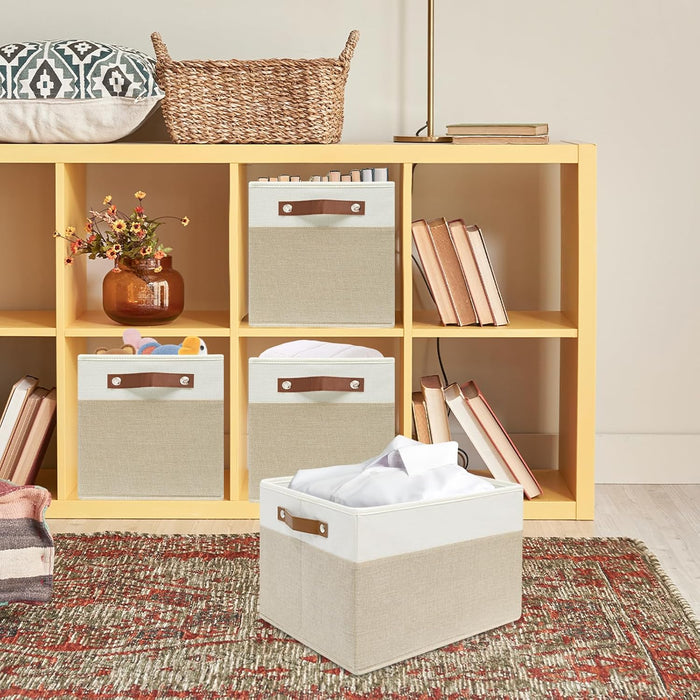6 Pack Large Fabric Storage Baskets with Handles (White with Beige,15" L*13" W*13" H)