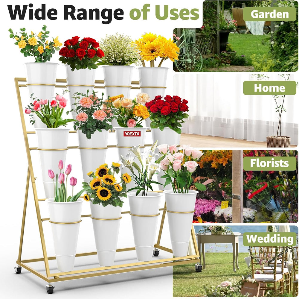 Flower Display Stand 3 Layers with 12 PCS Round Buckets, Plant Stand with Whe...