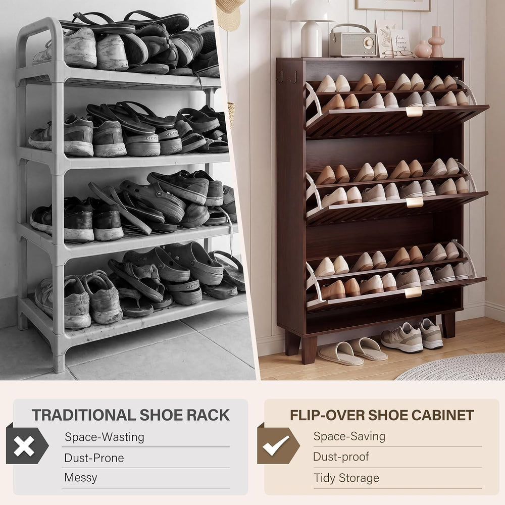 Shoe Cabinet with 3 Flip Drawers for Entryway, Walnut