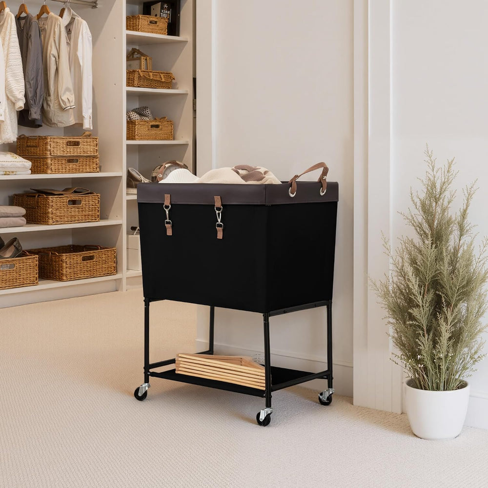 StorageWorks Laundry Cart, 2 Tier Rolling Basket with Wheels, 29 Gal, Black