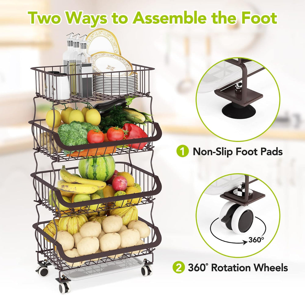 1Easylife Fruit Vegetable Basket, 4 Tier Stackable Metal Wire Basket Cart wit...