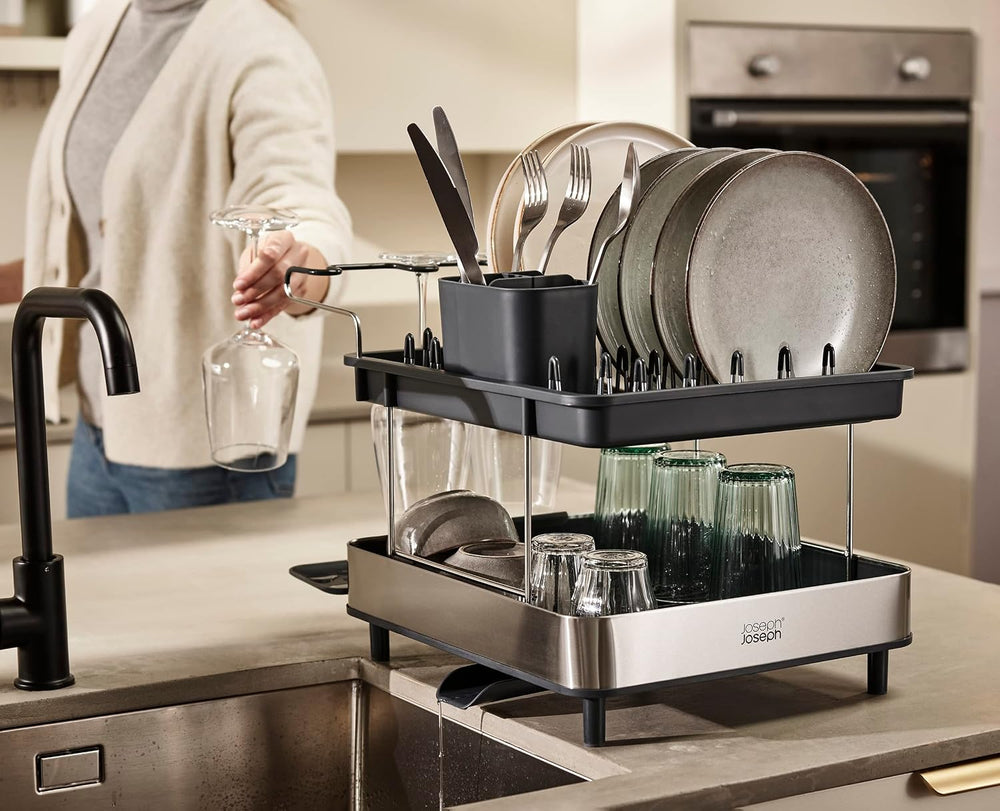 Joseph Joseph Dish Drying Rack with Wine Glass Holder - Space-Saving 2-Tier D...