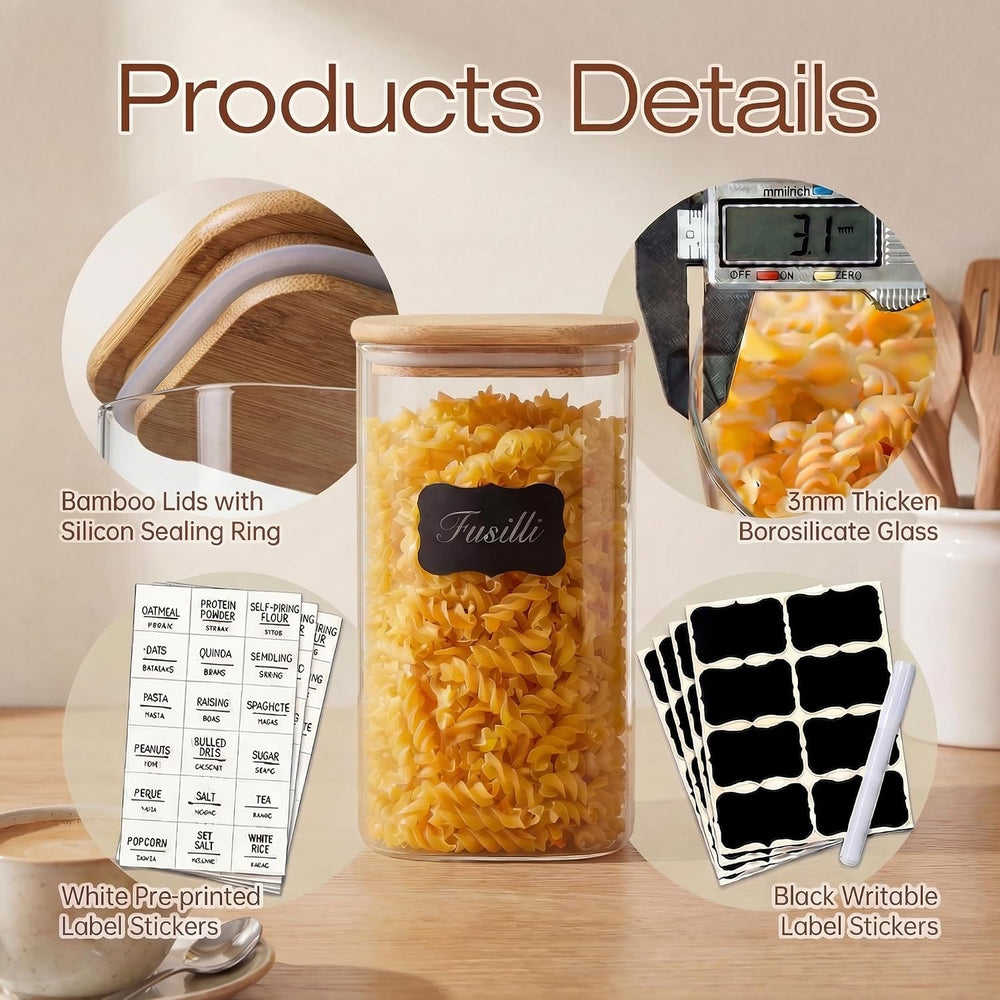42 oz Square Glass Food Storage Containers with Airtight Bamboo Lids, 4Pack