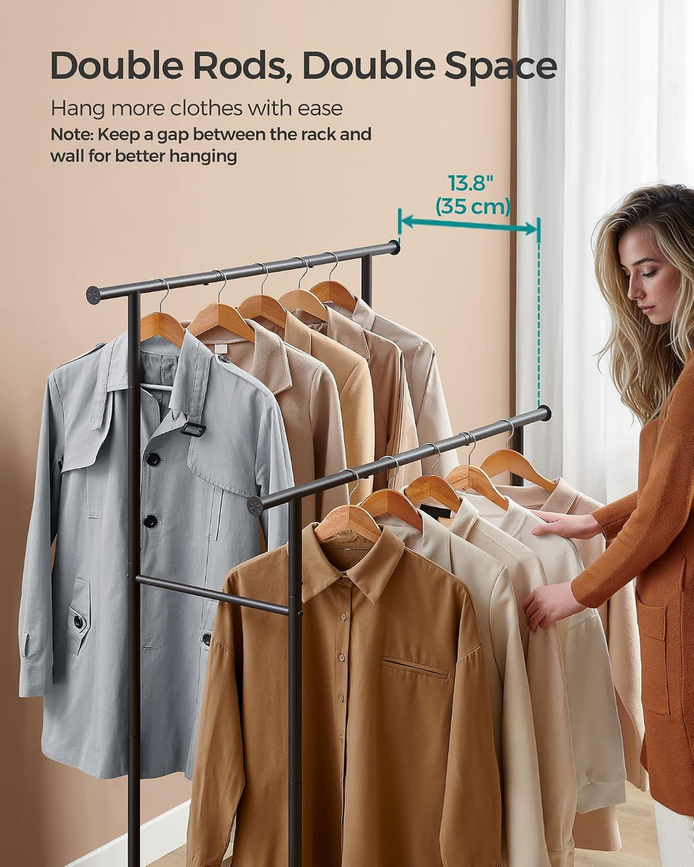 SONGMICS Clothes Rack with Wheels, Steel Garment Rack with Shelf