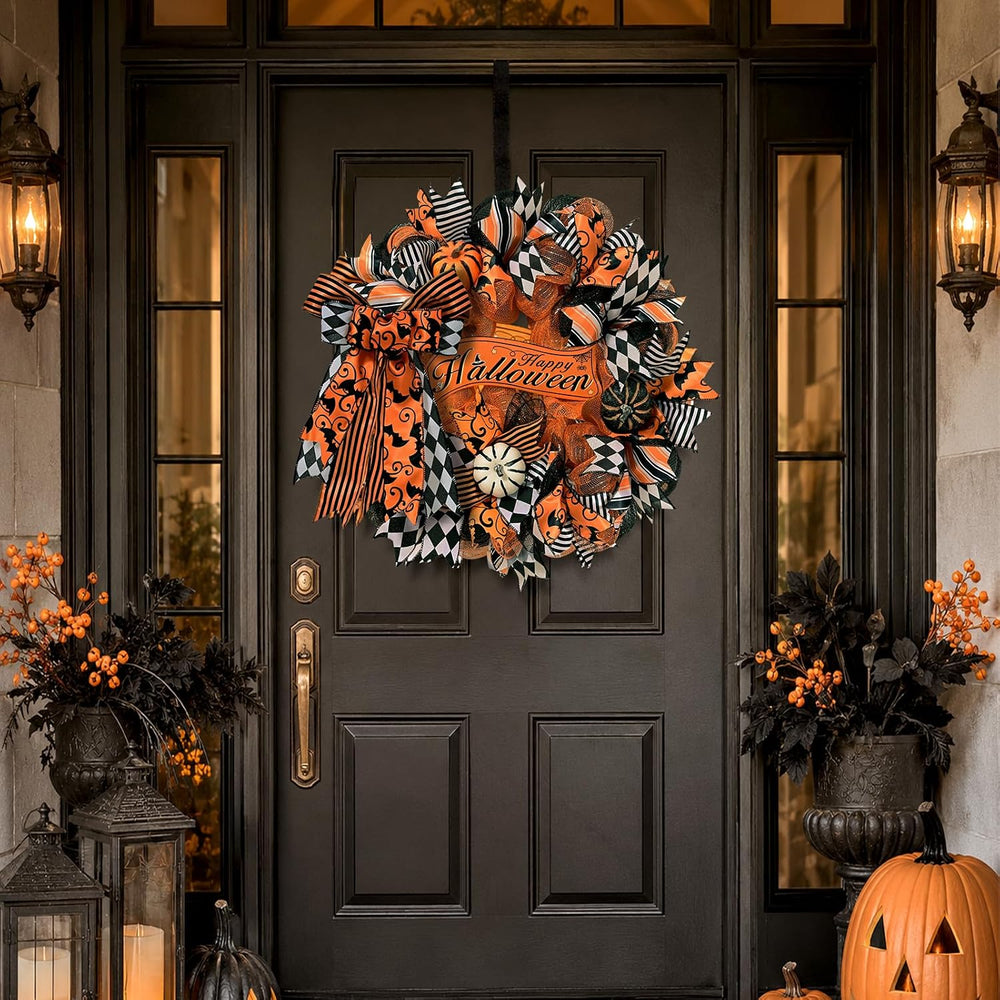 2 Pcs Halloween Wreaths for Front Door, Halloween Wreath with Ribbon Bow