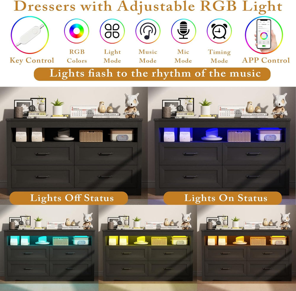 Wodeer Black Dresser for Bedroom, Wood 4 Drawer Dresser with LED Light, Dress...