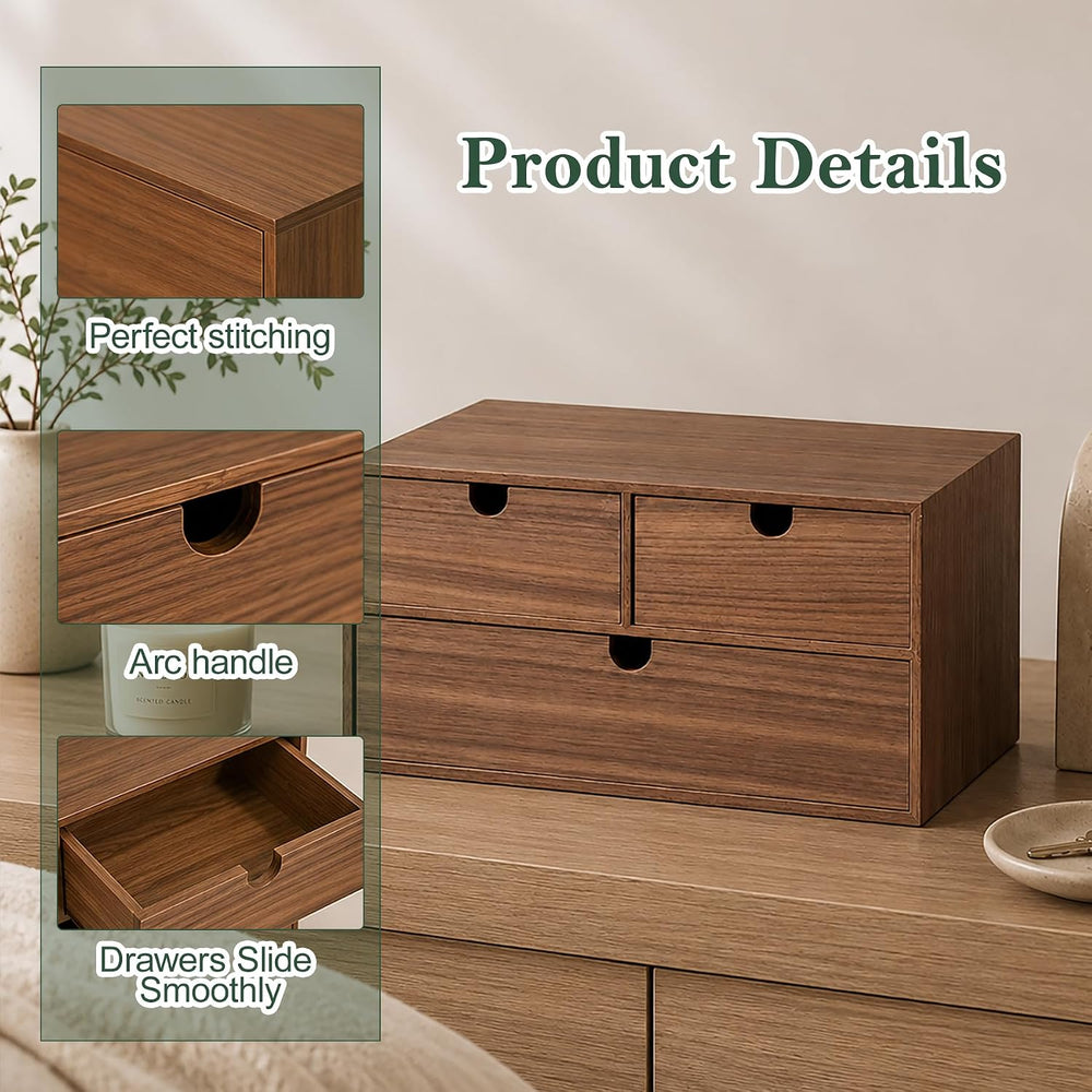 2-Tier Wooden Desk Organizer with 3 Drawers, Walnut Finish