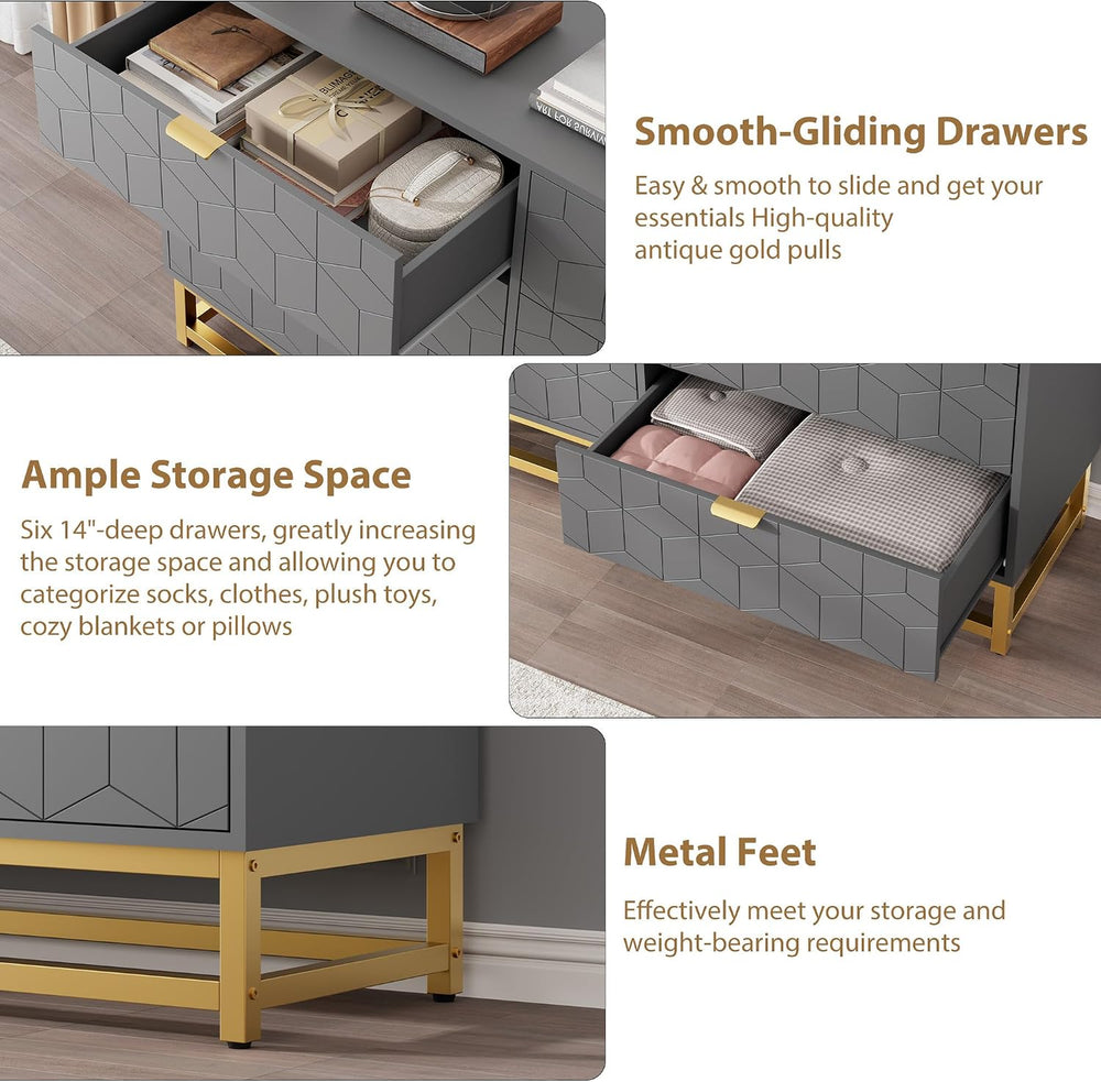 IDEALHOUSE Grey 6 Drawer Dresser for Bedroom, 53.5” Large Dresser with Metal ...