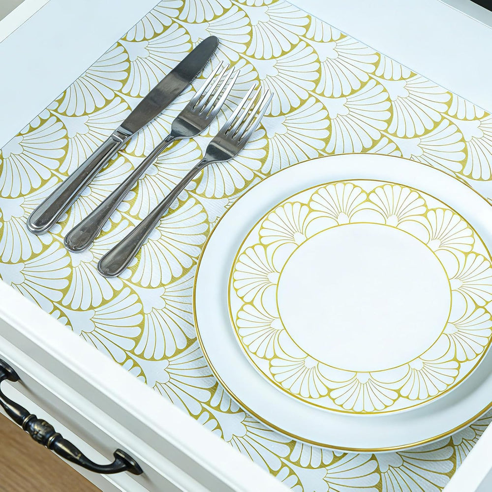Shelf Liners Non Adhesive Gold Background White Fan-Shaped Pattern