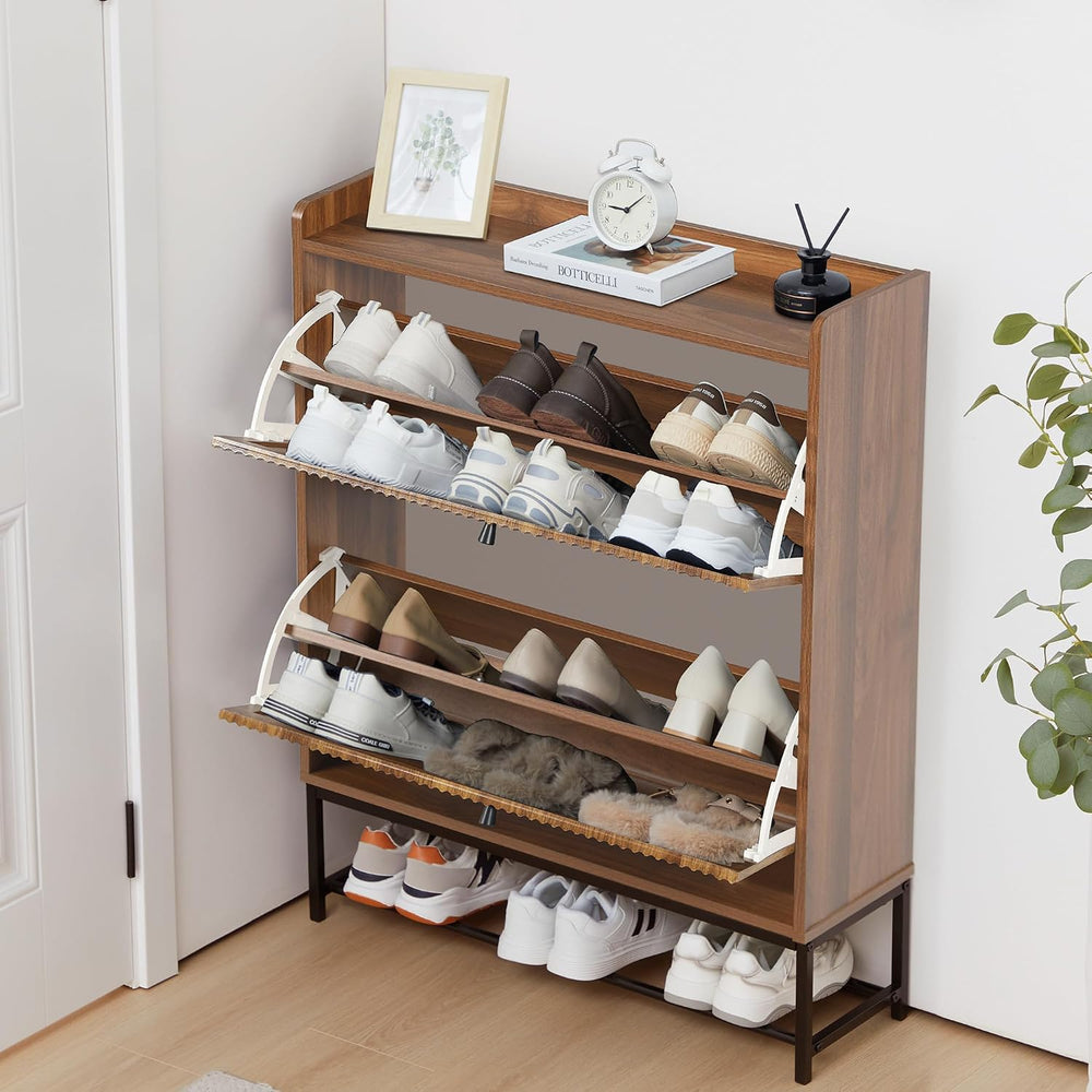 RARZOE Fluted Shoe Cabinet for Entryway with 2 Flip Drawers, Narrow Wood Shoe...