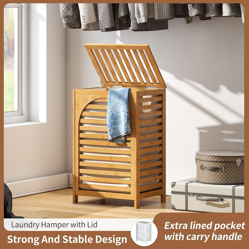 Laundry Hamper with Lid (16.9 * 13 * 26.5inches) Large Bamboo Laundry Bin Bas...