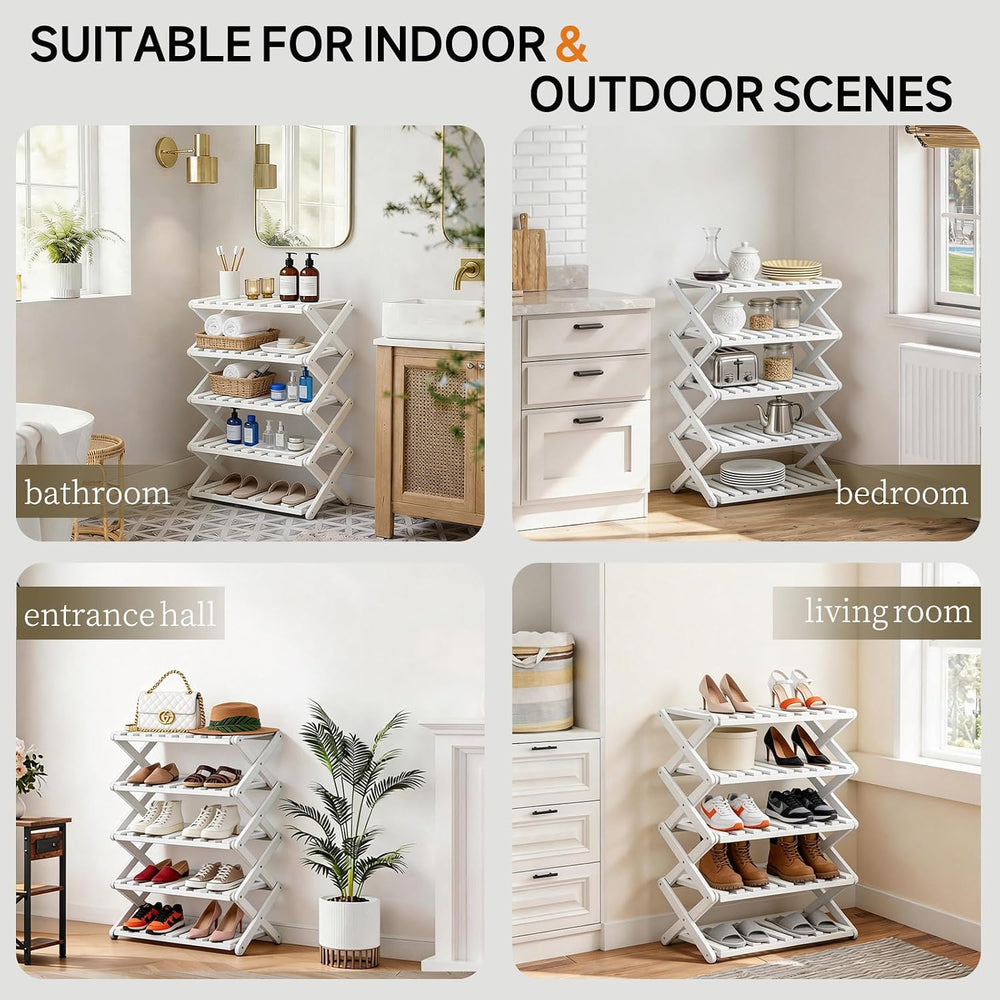 5 Tier Bamboo Shoe Rack White,Portable Folding Shoe Storage Rack,Without Inst...