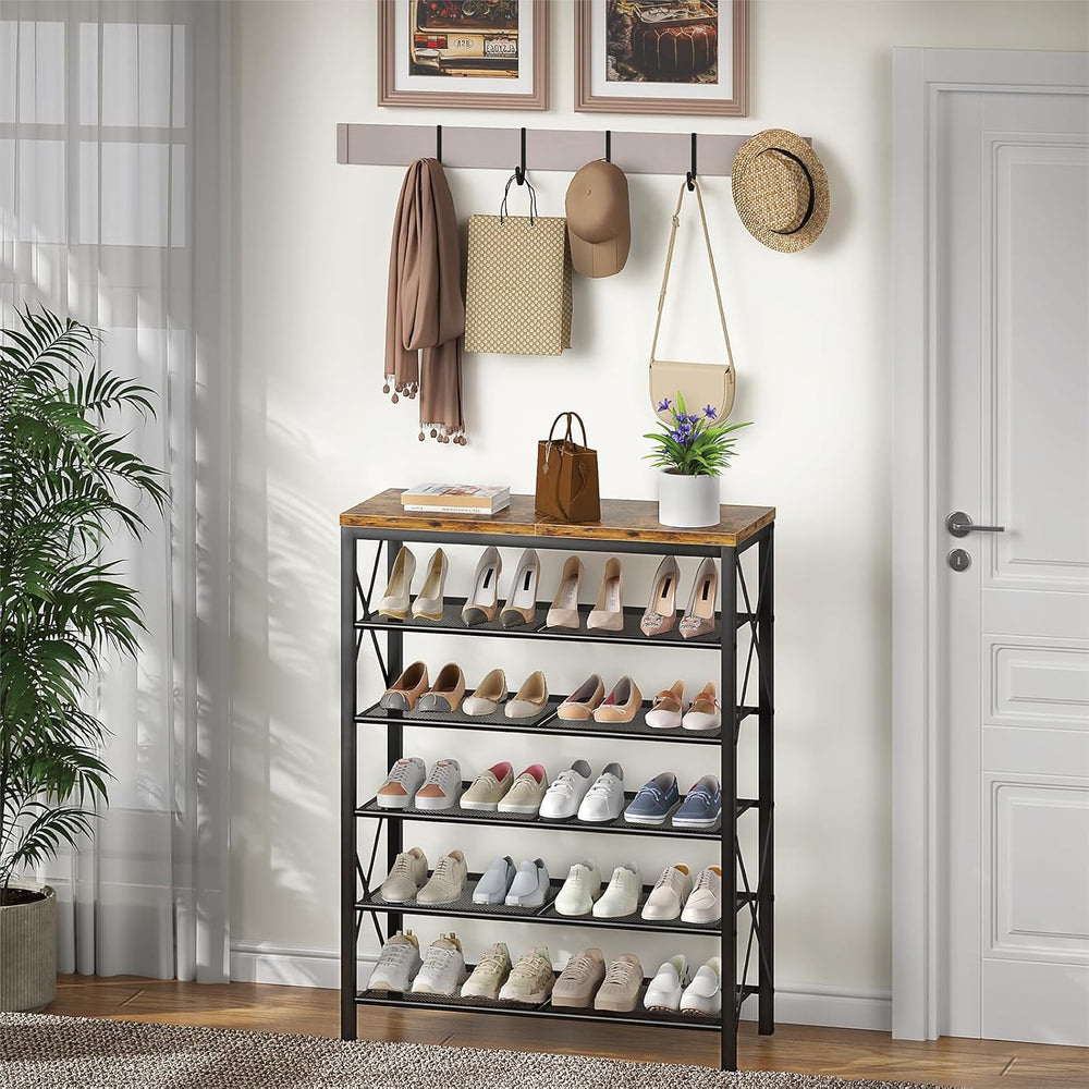 6 Tier Shoe Rack, Metal Shoe Stand with Wooden Top, Sturdy Shoe Shelf for Ent...
