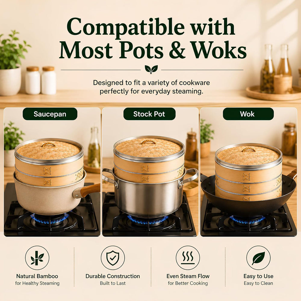 Naturaceutica's Bamboo Steamer Basket 10 Inch With Ring, 2 Tier Dumpling ...