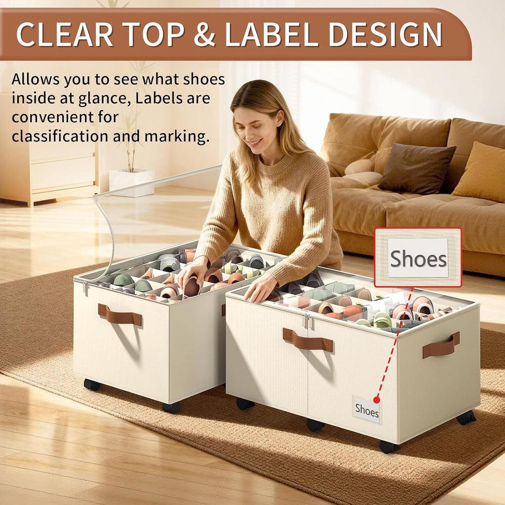 Foyego 2 Pack Shoe Organizer for Closet, Shoe Storage with Wheels, Beige