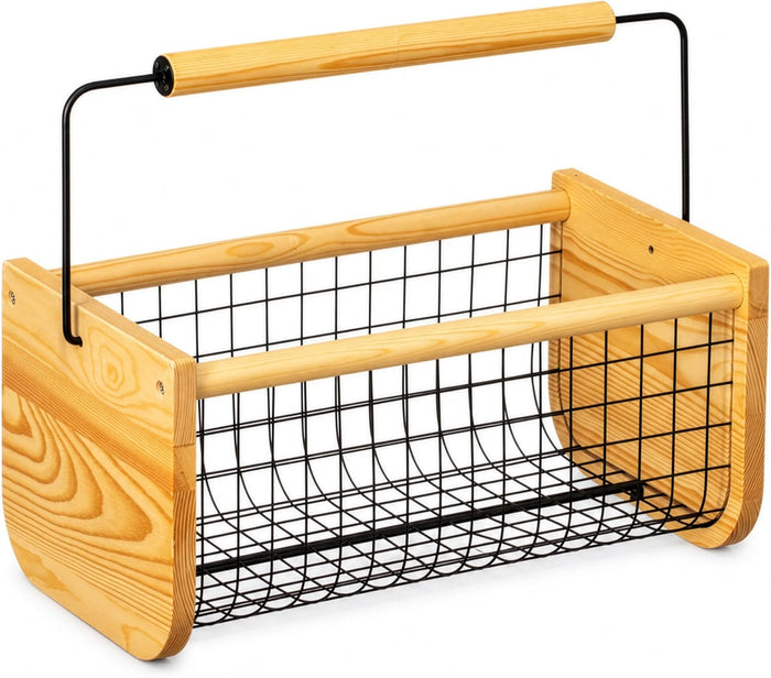 Gardenised Vintage Harvest Basket Pine Wood & Metal Mesh Wire Design Wooden Frame with Straight Handle for Fruits Vegetables Kitchen Organization Decorative Storage Home Décor & Garden Display