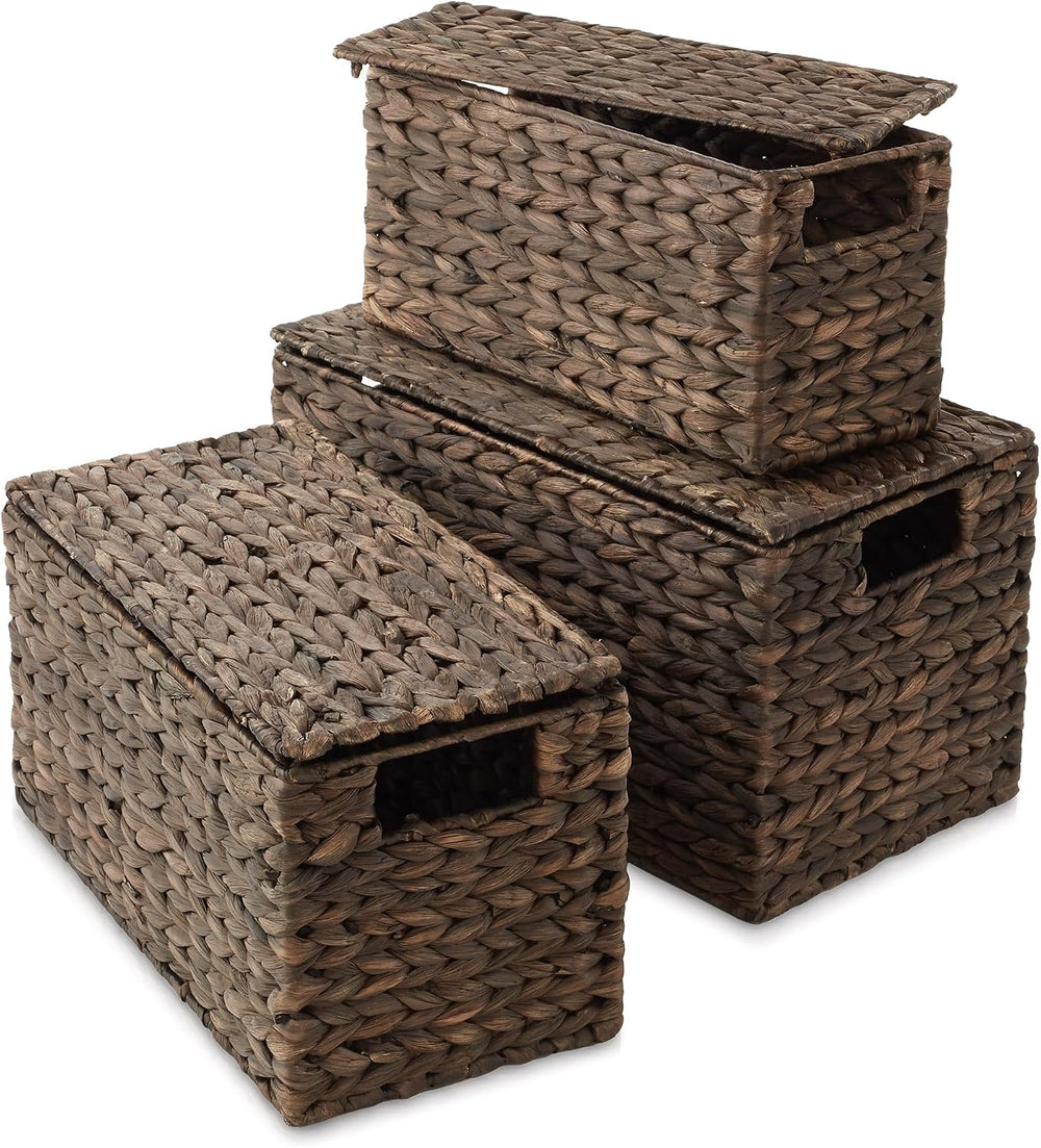 Casafield Set of 3 Water Hyacinth Storage Baskets with Lids, Espresso - Small...