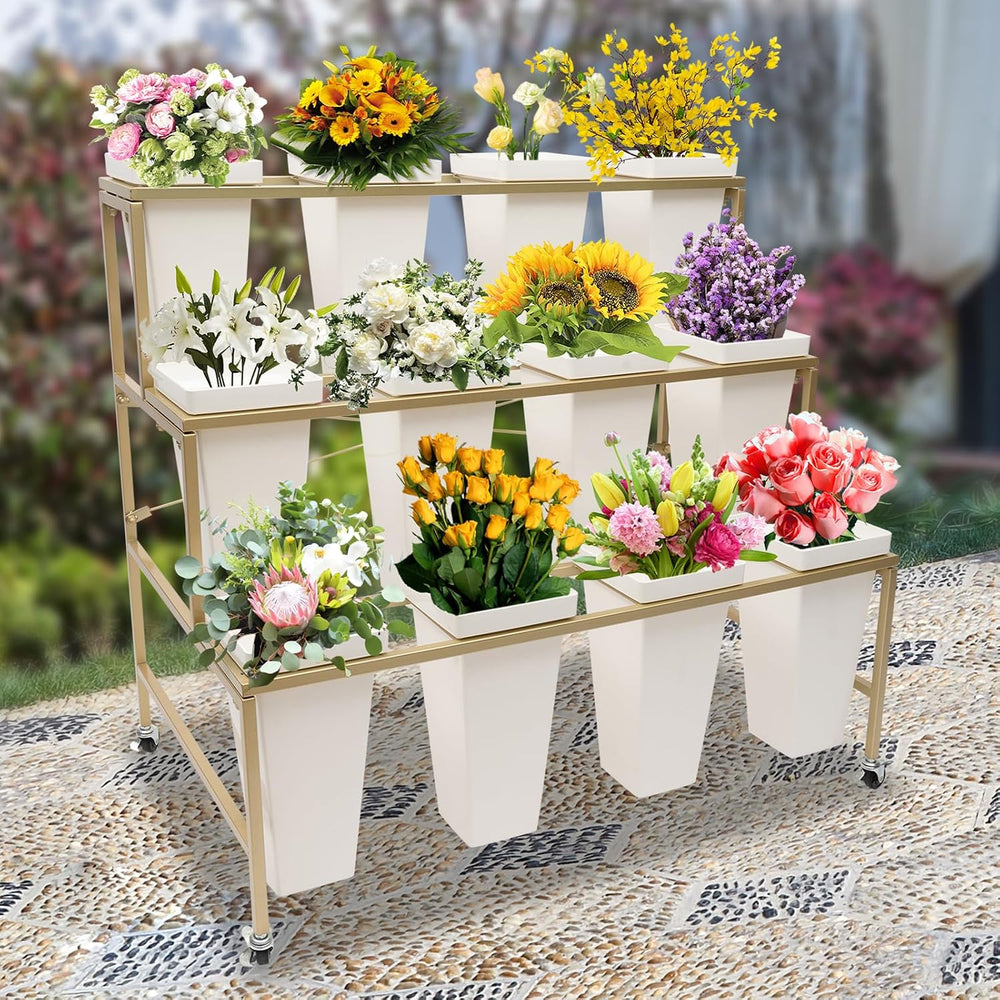 Flower Display Stand with 12Pcs Buckets, 3-Layer Metal Display Stand Decorati...