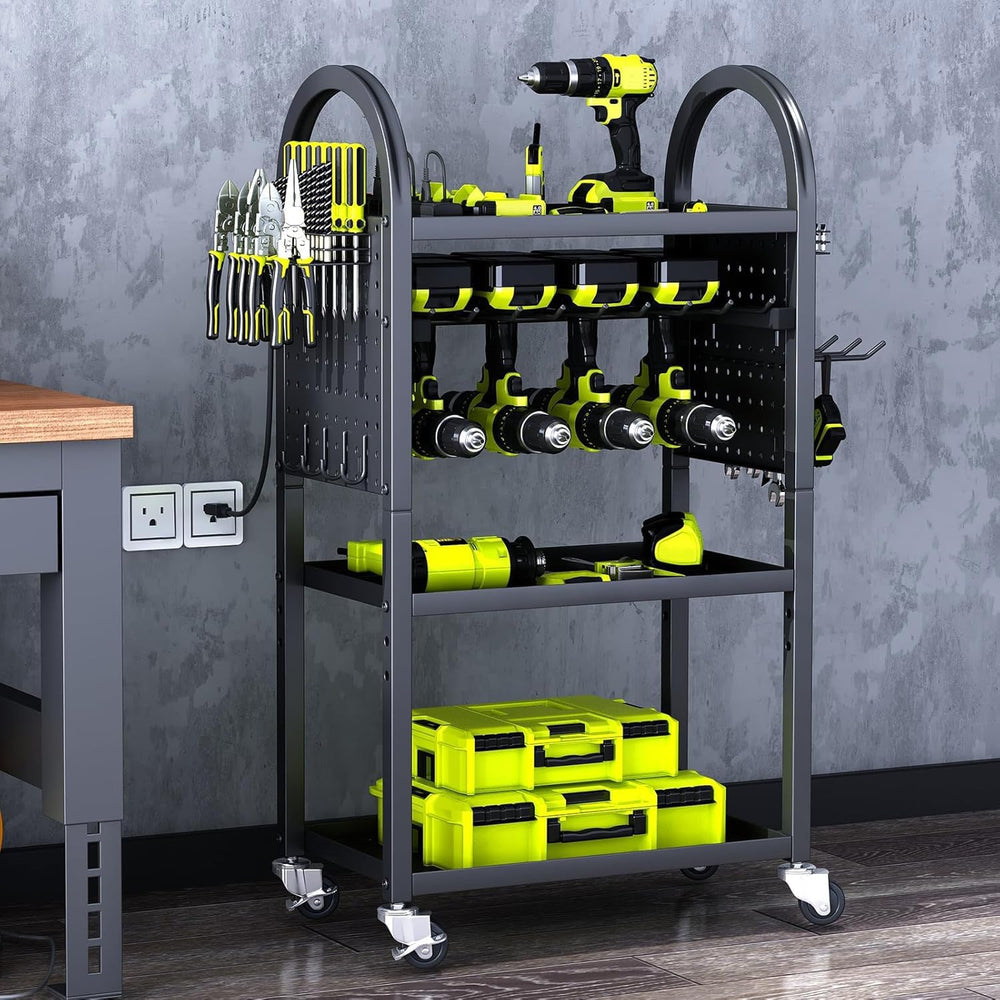 KAFAHOM Power Tool Organizer - 4 Tier Rolling Tool Cart with 8-12 Drill Holde...