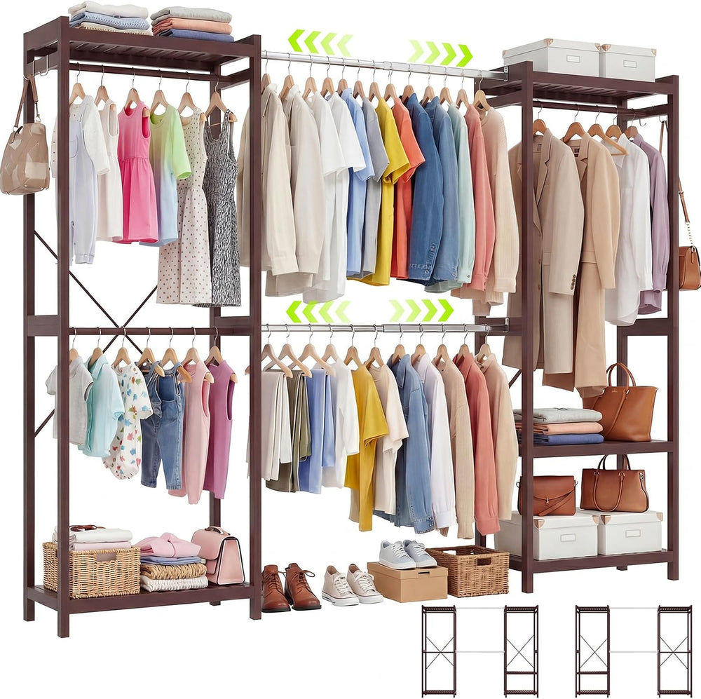 Homykic Bamboo Clothing Rack, 74”-88” Expandable Closet System, Espresso
