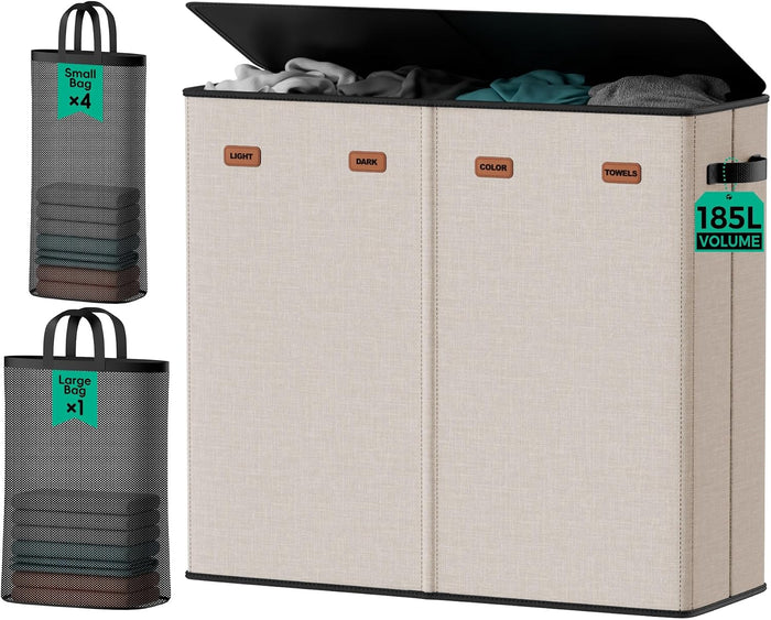 185L Laundry Hamper 4 Section with Lid & Removable Bags