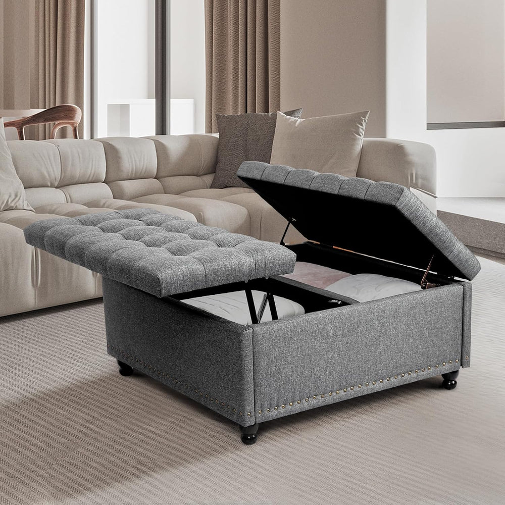 Redlife 35 Inch Large Square Storage Ottoman, Coffee Table Ottoman, Linen
