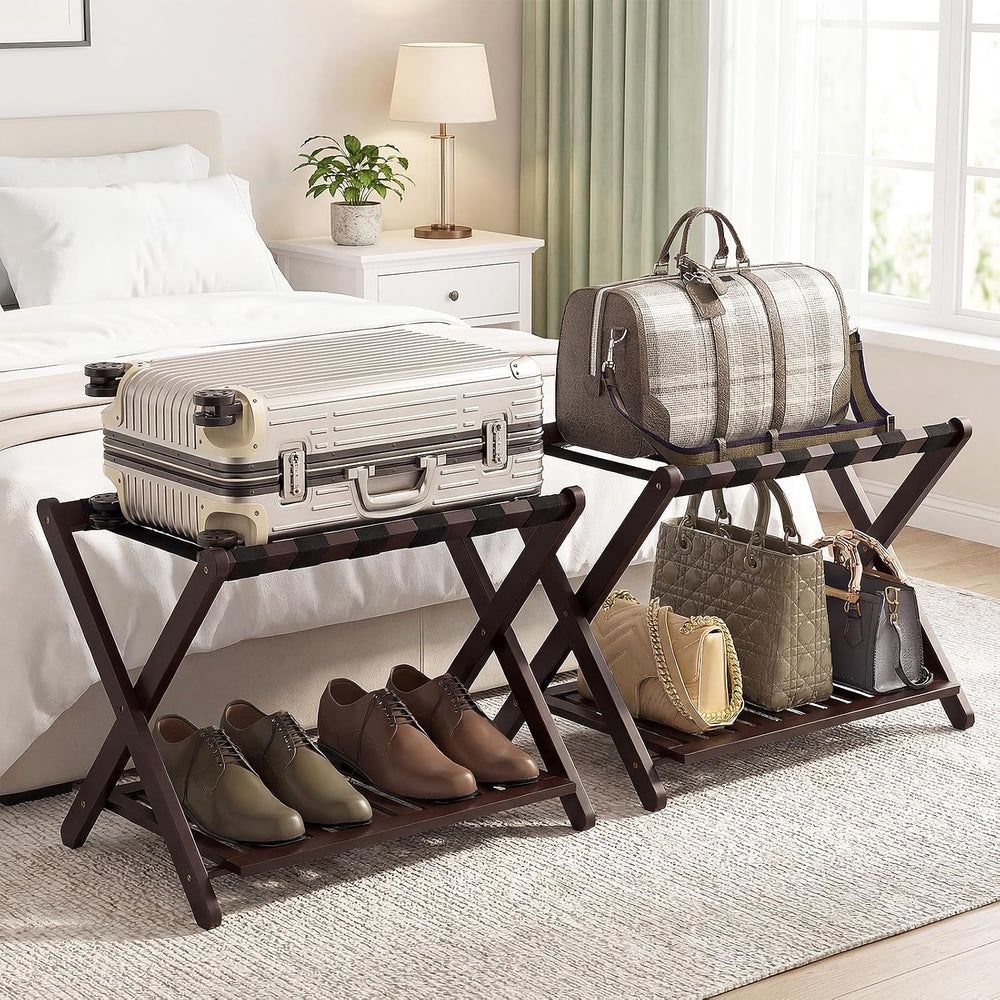 Bamboo Fully Assembled Luggage Rack for Guest Room, Suitcase Stand Set of 2