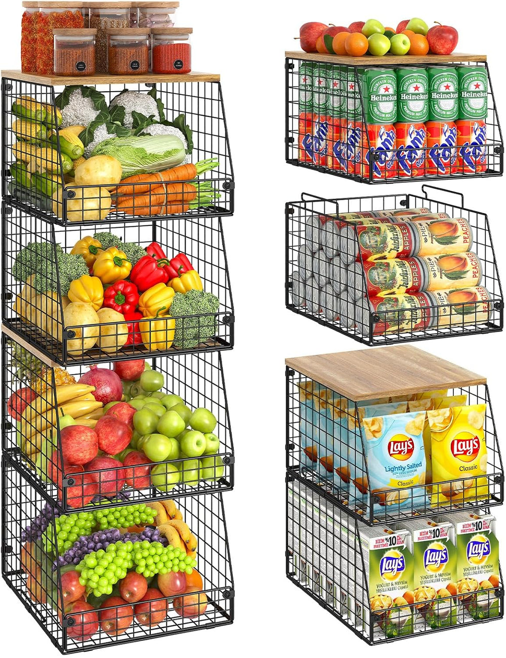 Jakyitvi 4 Pack Stackable Wire Baskets with Fixed Wooden Top, Vegetable Fruit...