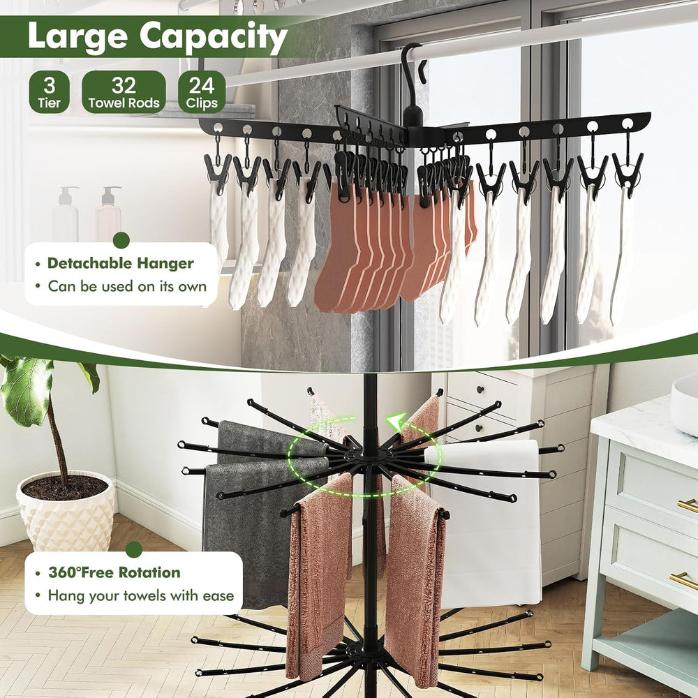Tangkula 3-Tier Portable and Foldable Drying Rack with 32 Rods & 24 Clips