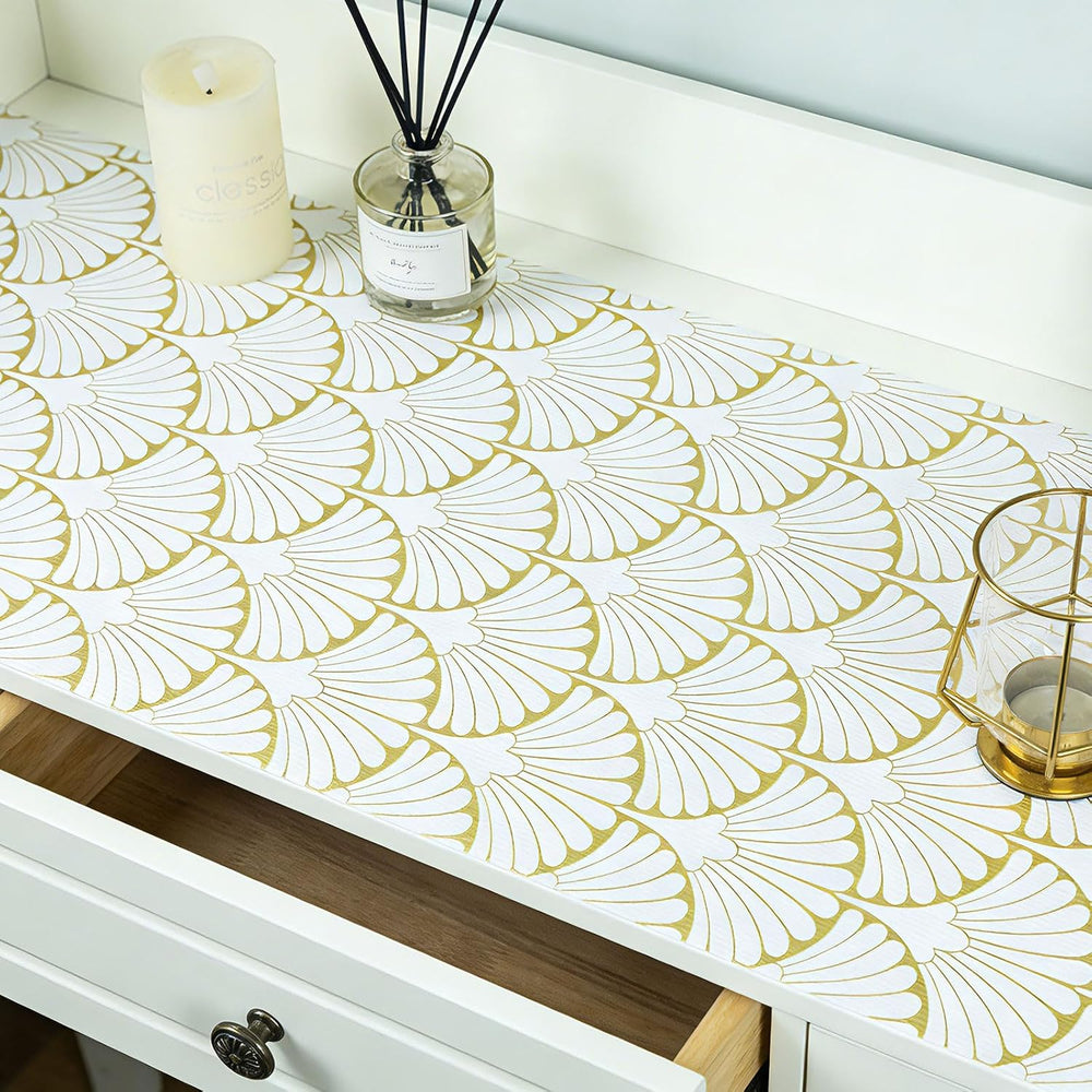 Shelf Liners Non Adhesive Gold Background White Fan-Shaped Pattern