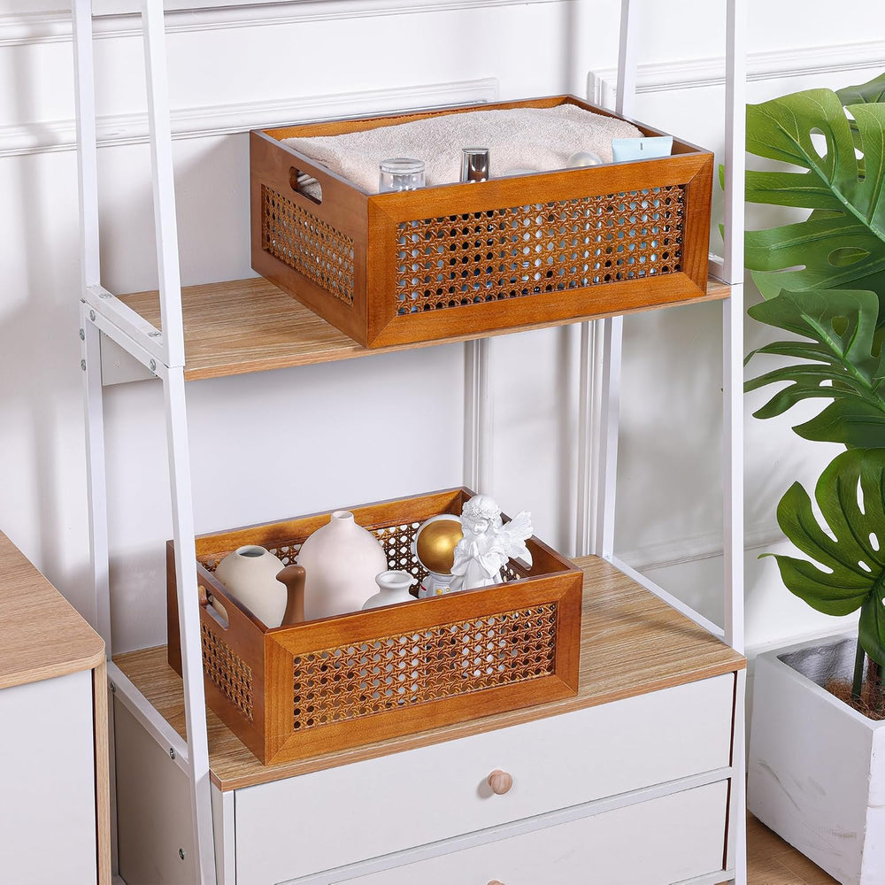 Rattan Wooden Box Set of 2 Handmade Decorative Storage Basket with Handles