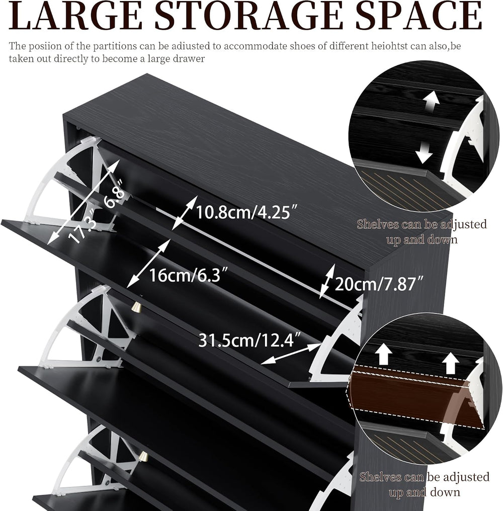 Fsbecl Shoe Storage Cabinet for Entryway with 3 Fluted Flip Drawers, Black