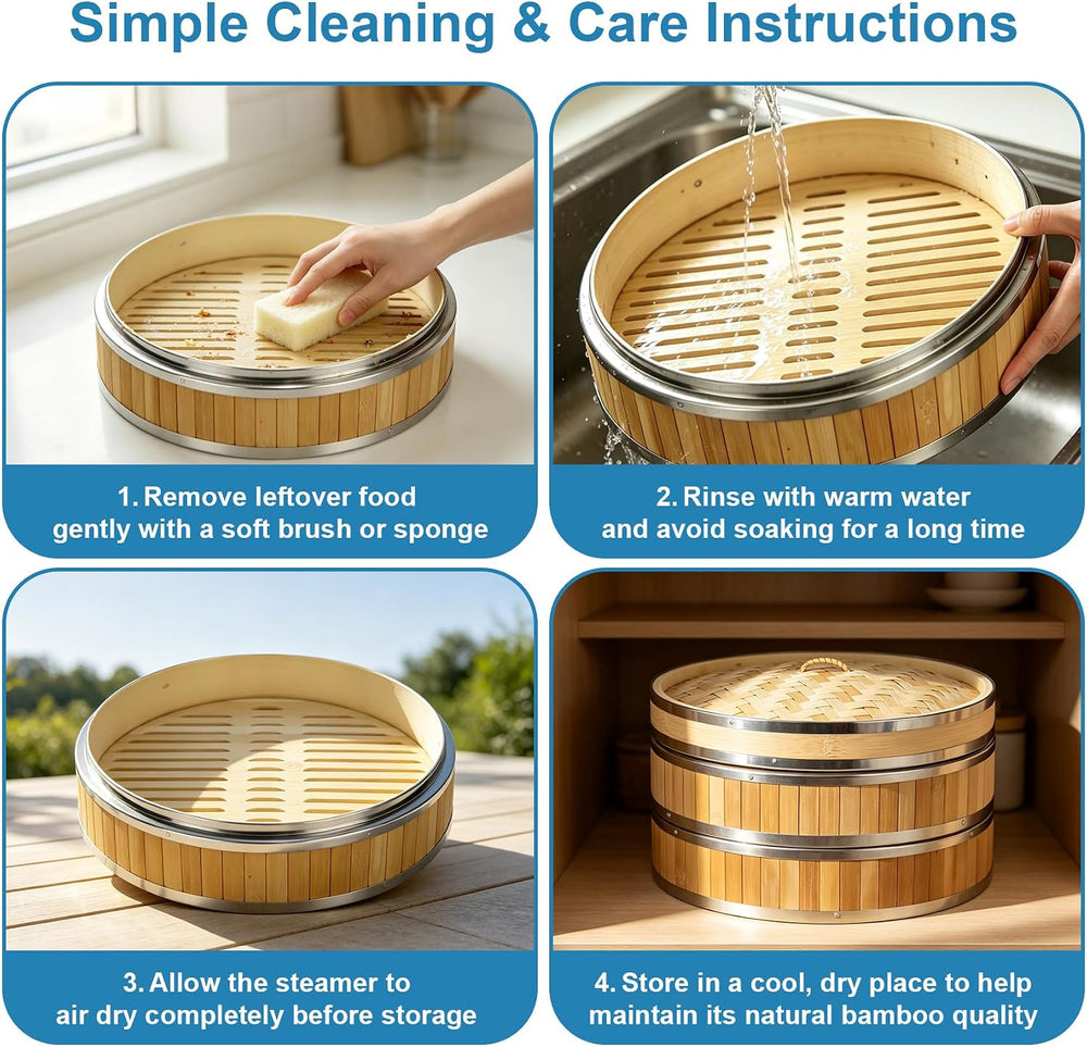 Bamboo Steamer Basket 12 Inch 2 Tier, Stainless Steel Reinforced Steamer