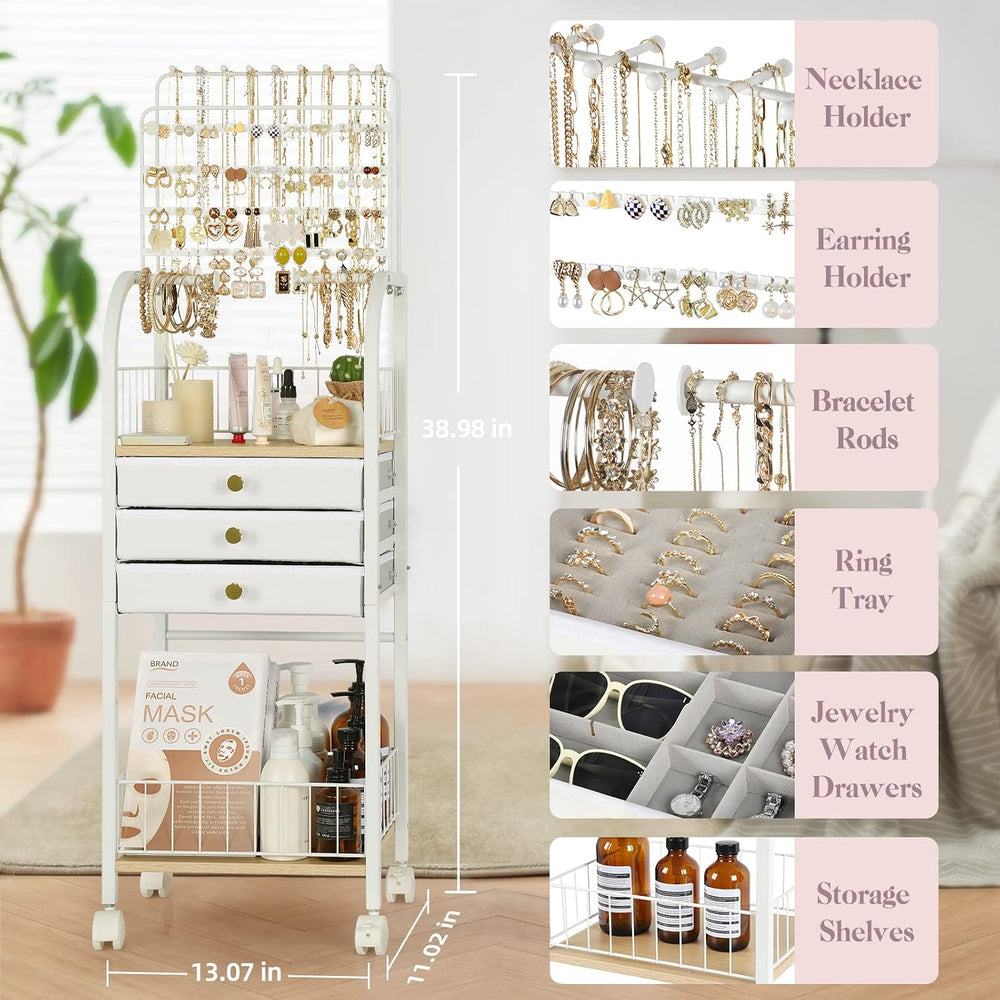 Keebofly Large Floor Jewelry Organizer Stand with 3 Drawers - White