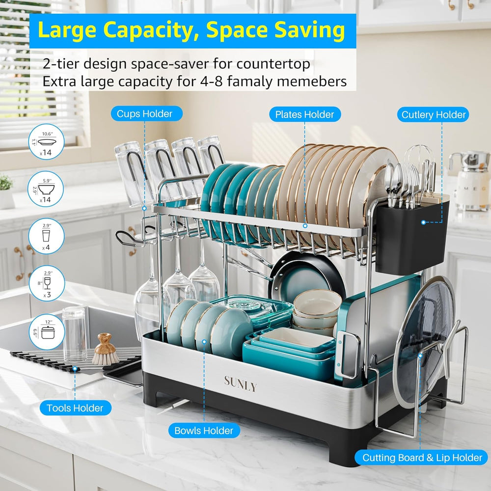 SUNLY 2 Tier Dish Drying Rack, Extra Large Dish Rack, Multifunctional Large D...