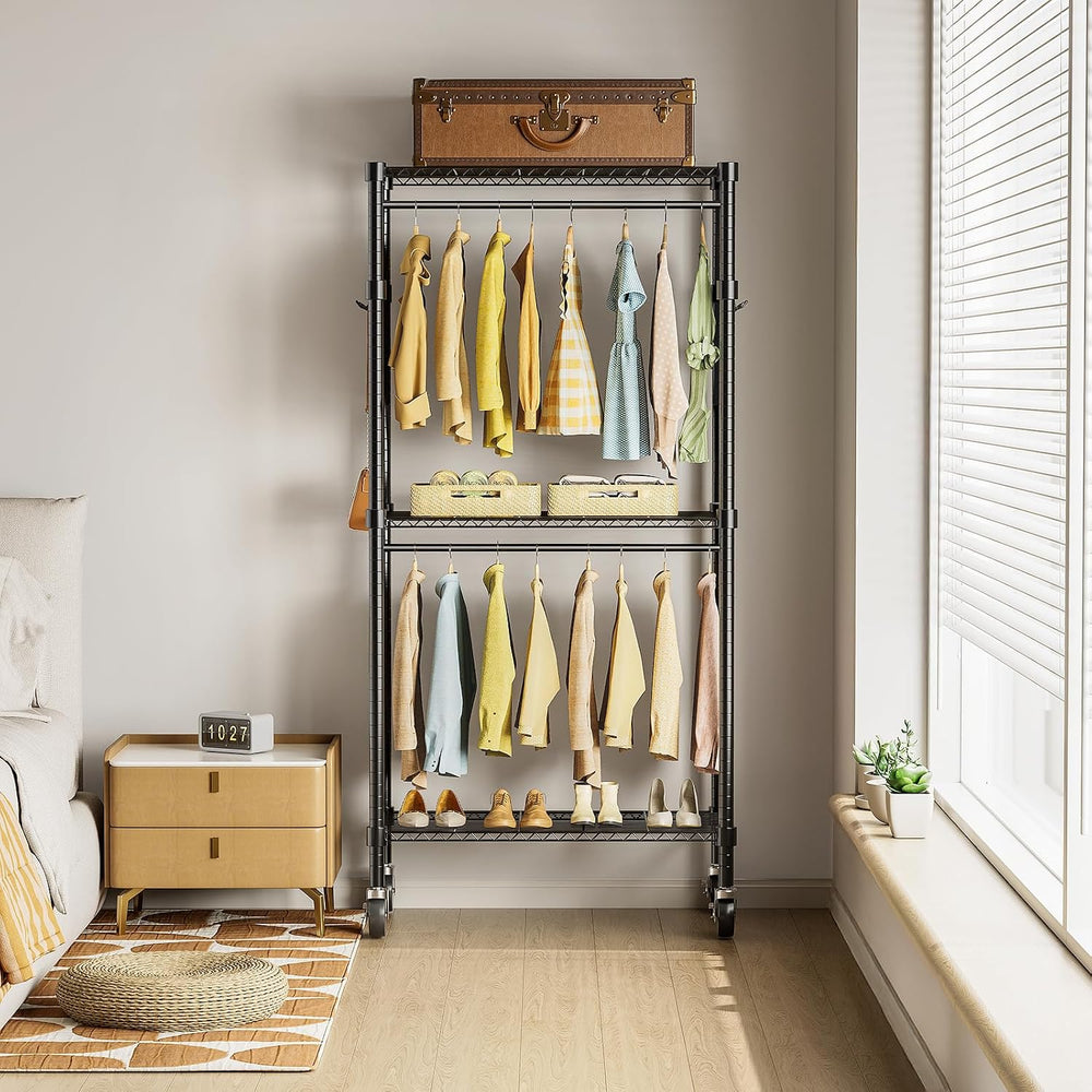 Simple Deluxe Rolling Clothes Rack, Heavy Duty Clothing Rack, 3-Shelf Portabl...