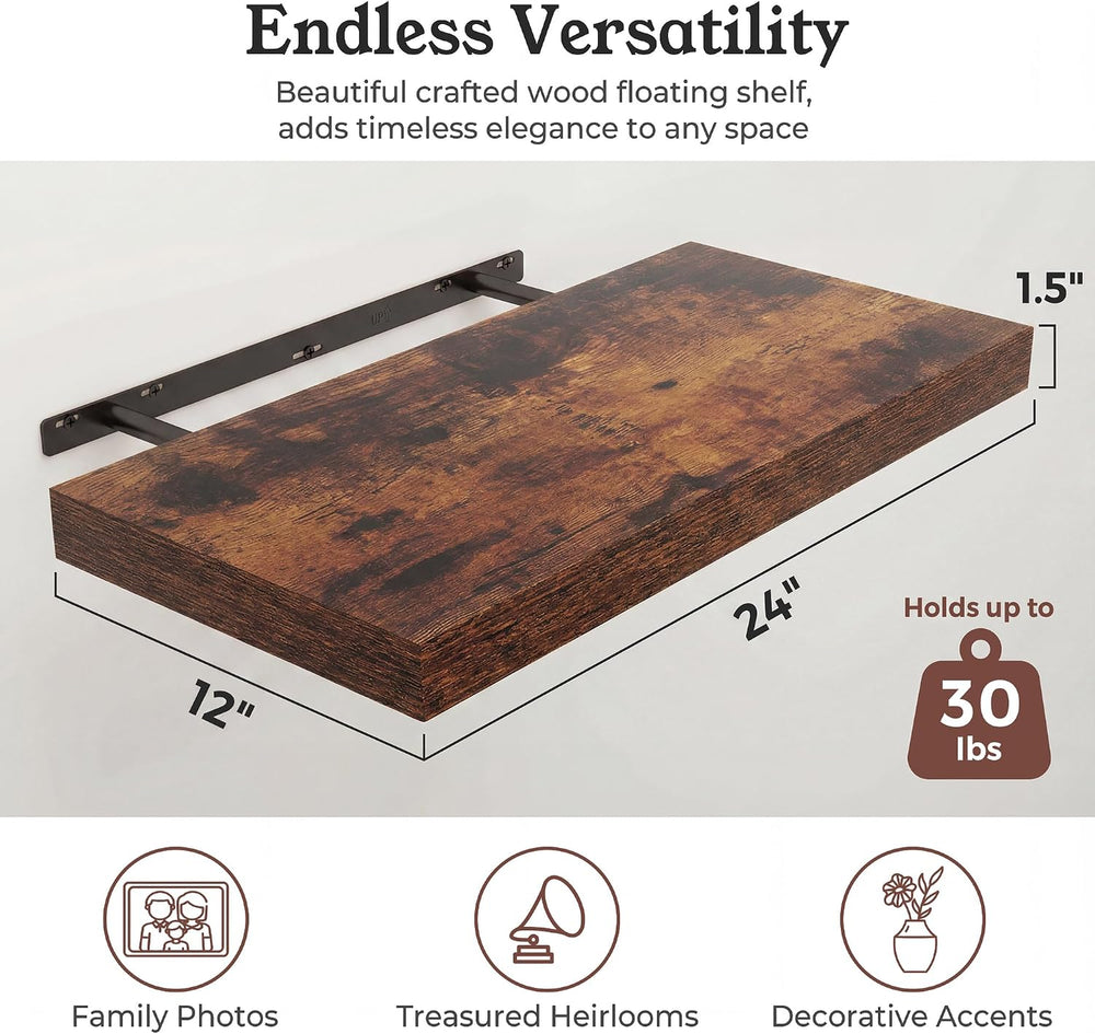 24" Rustic Brown Floating Shelves 12inch Deep Wall Shelf, Set of 2