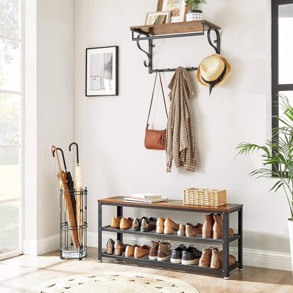 VASAGLE 3-Tier Shoe Rack, Storage Bench with Metal Mesh Shelves and Seat