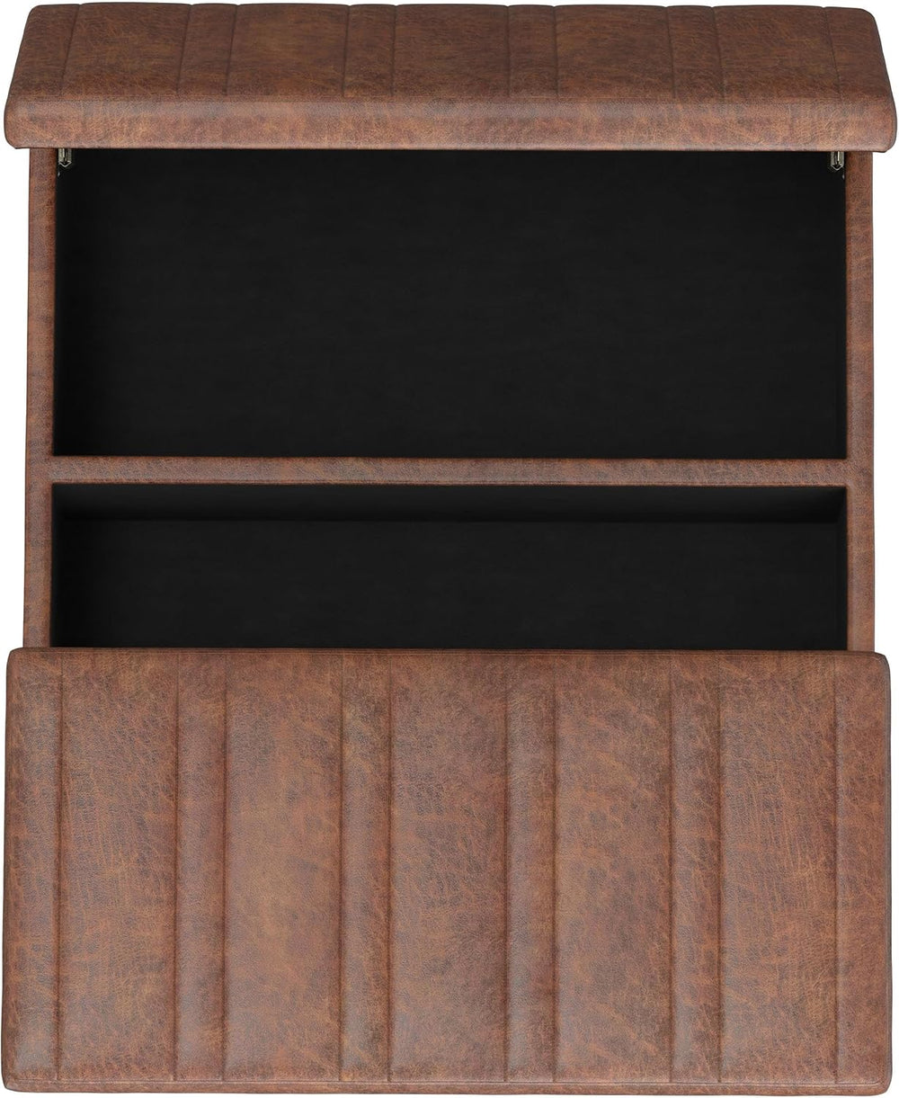 SIMPLIHOME Ellis 36" Wide Vegan Leather Storage Ottoman in Saddle Brown