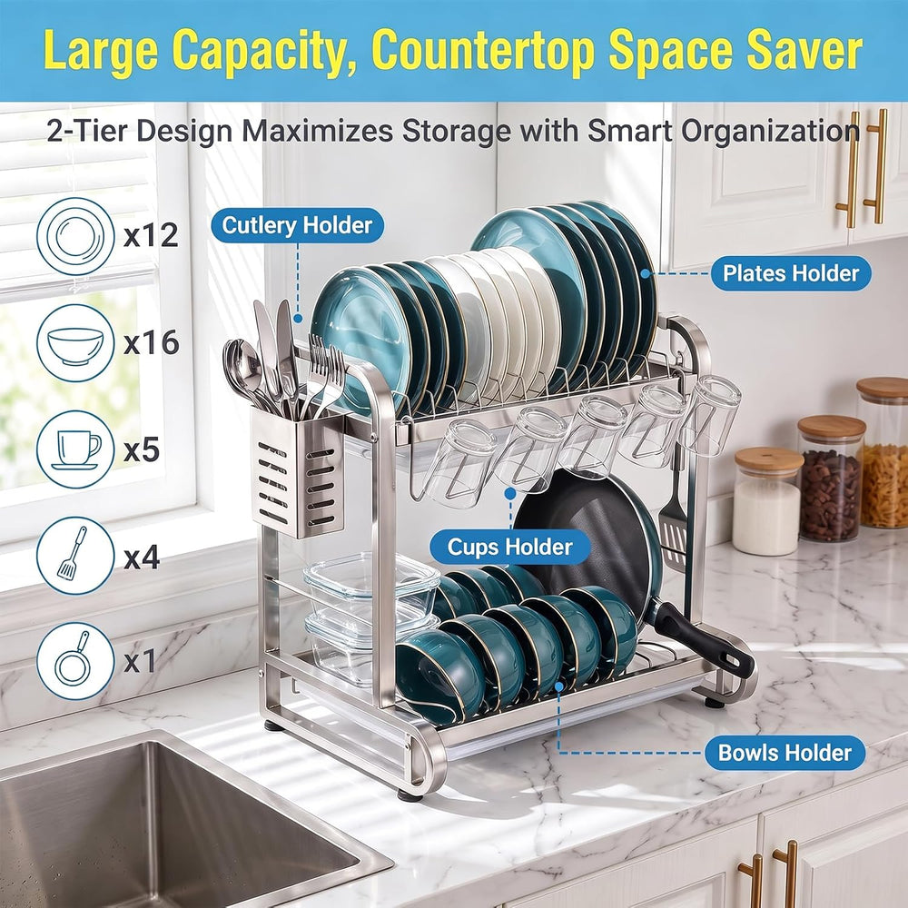 PureBox 2 Tier Dish Drying Rack for Kitchen Counter, Heavy Duty Stainless Ste...