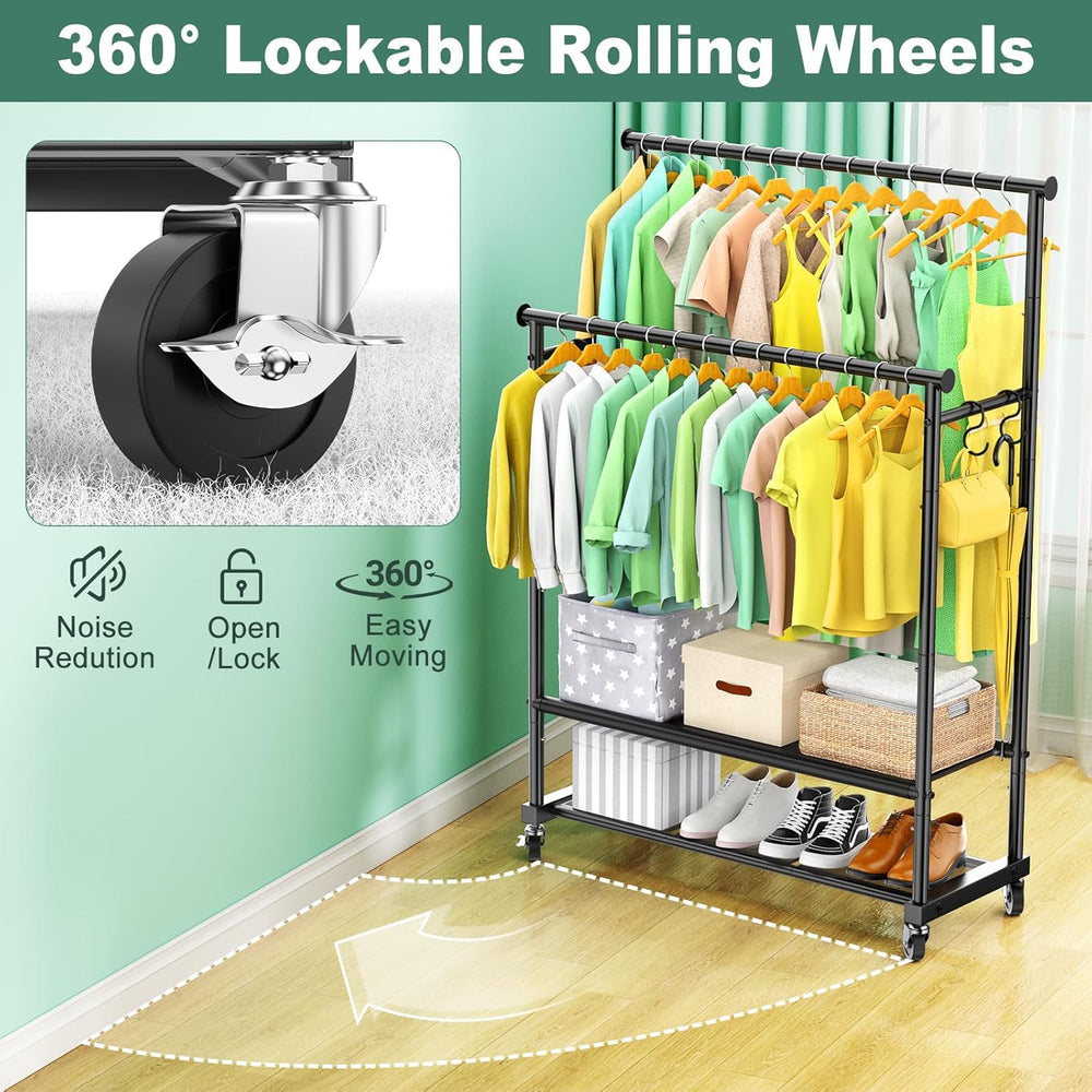 Double Rods Clothes Rack for Hanging Clothes, Heavy Duty Rolling Clothing Rac...