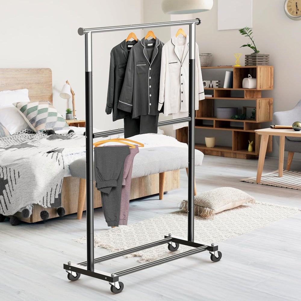 Simple Houseware Double Rod Adjustable Clothing Garment Rack, Black