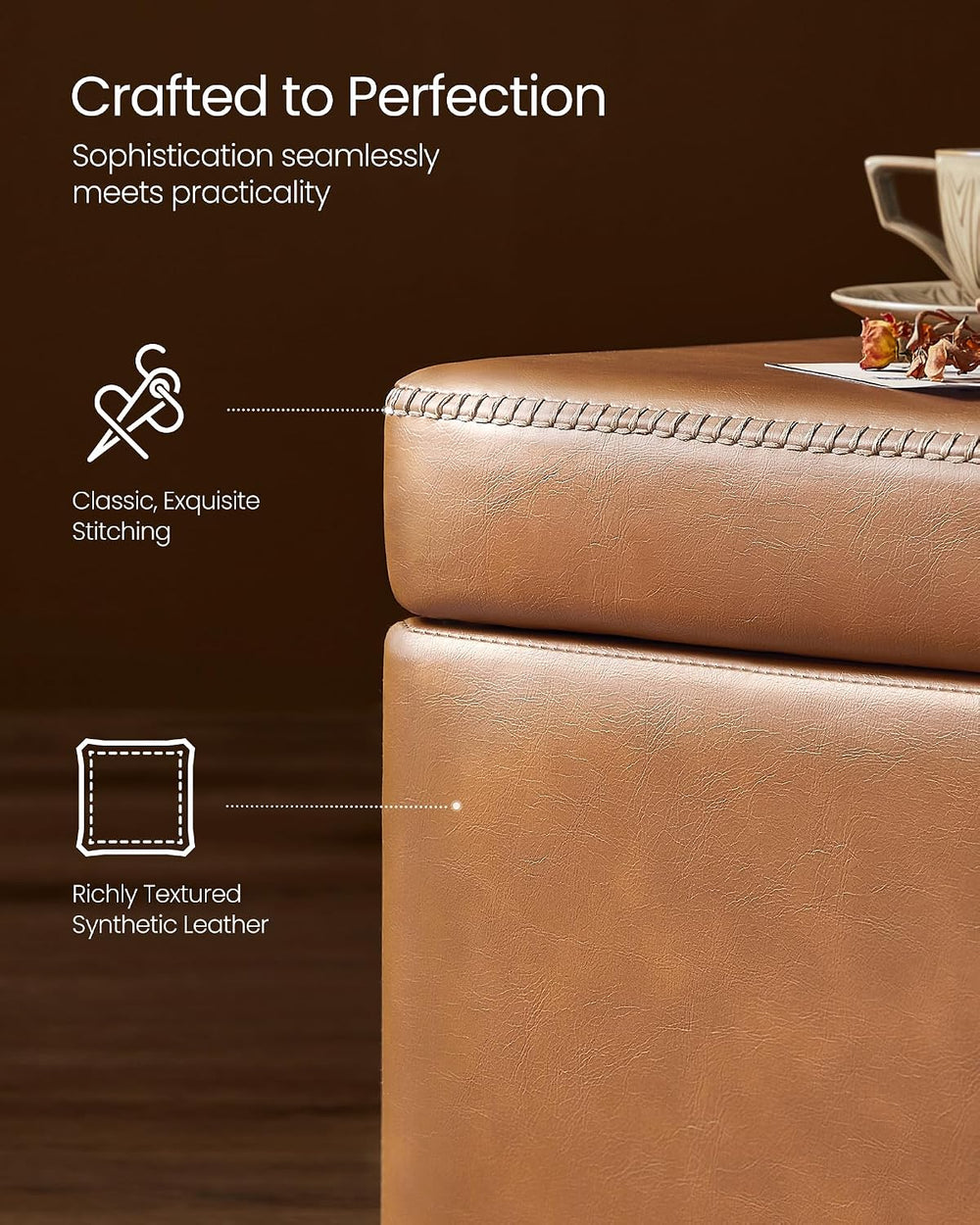 VASAGLE Storage Ottoman Bench with Stitching, PU Leather, Entryway Bedroom