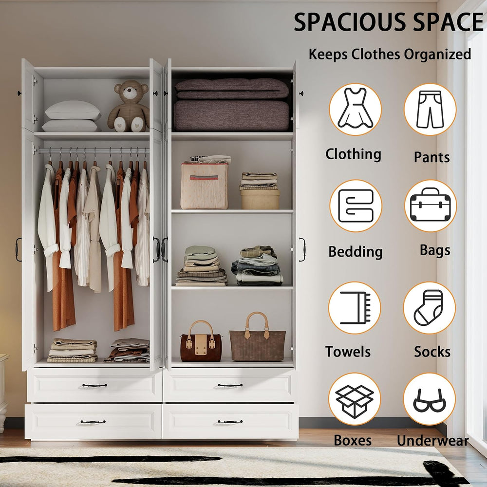 White Armoire Wardrobe Closet with 4 Drawers, 88" Tall x 63" Wide
