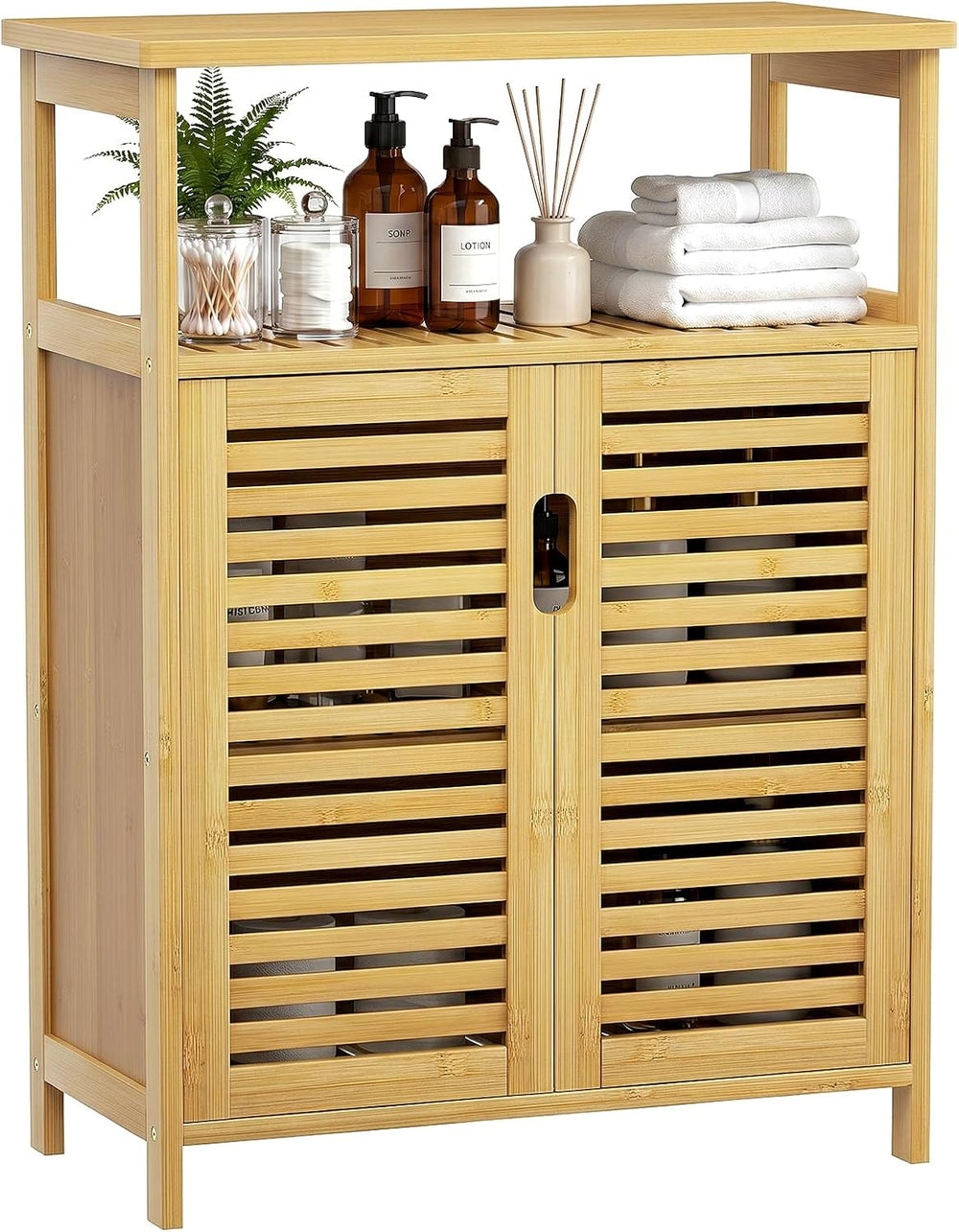 Bamboo Freestanding Bathroom Floor Storage Cabinet with Doors & Shelf